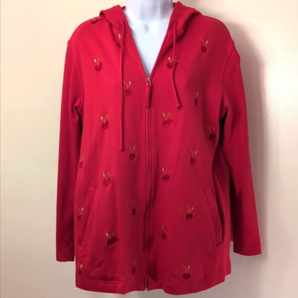 🛍️Diane’s Essentials Red Cherry Embroidered Zip Hoodie – Women’s Size M